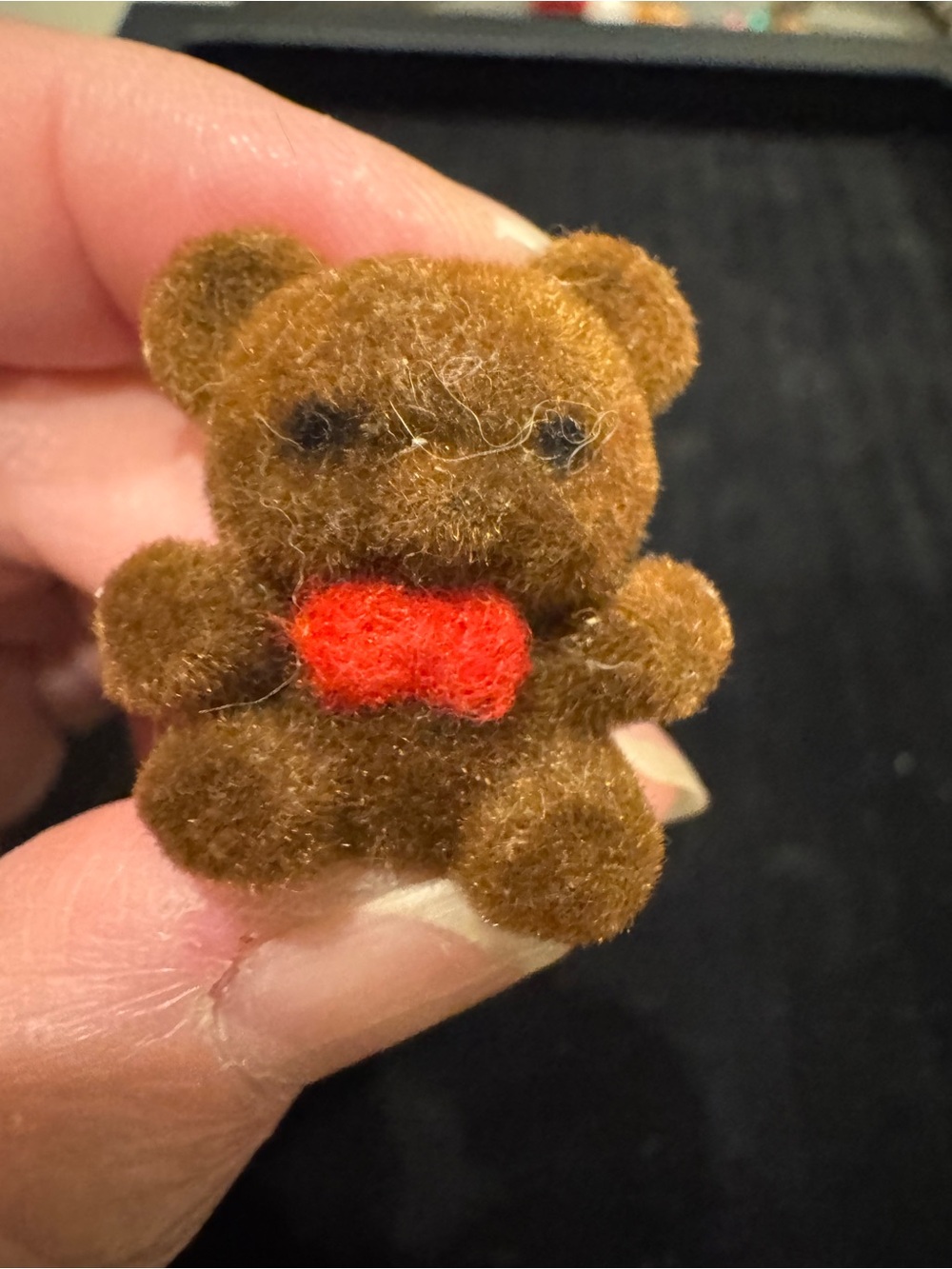 Vintage Style Flocked Teddy Bear Pin Brooch Brown Red Heart Cute Mini